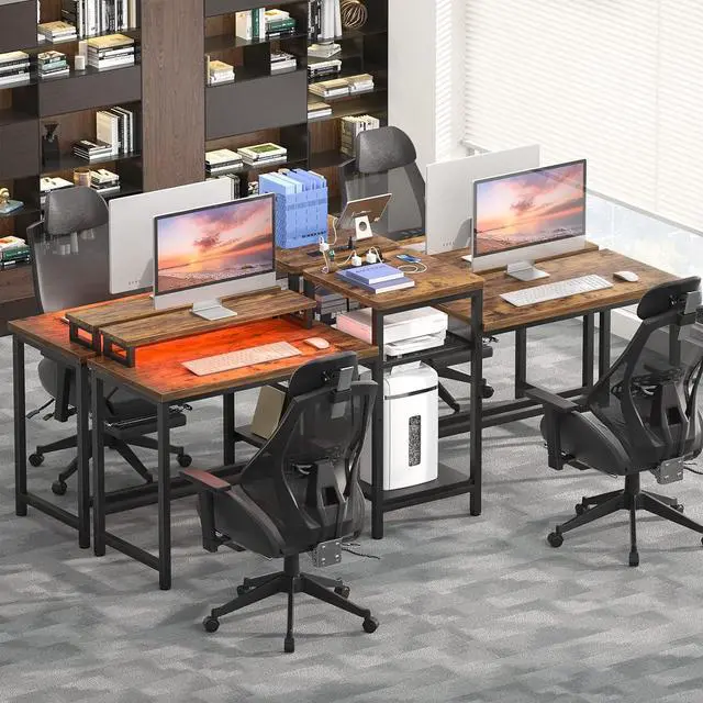 Alt view image 7 of 7 - Unikito Double Computer Desk with LED Strip and Power Outlet, 2 Person Desk with Monitor Stand and Storage, Ergonomic Computer Desk with Printer Stand for Home Office, Long Gaming Desk, Rustic Brown