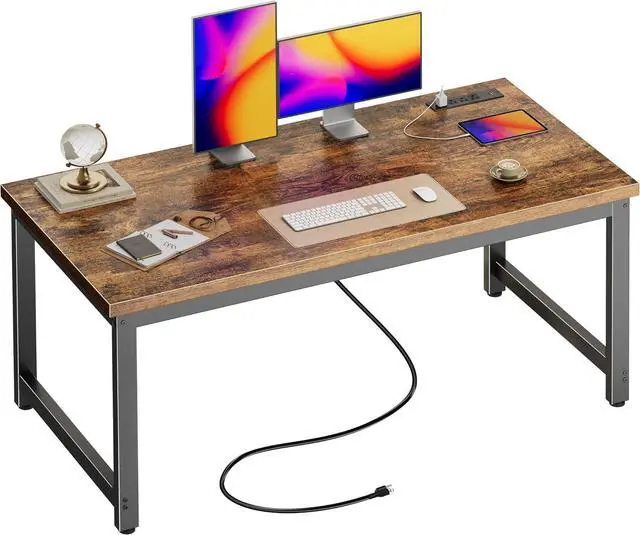 Main image of Huuger 55 x 24 inch Desk with Power Outlets & USB-C, Deeper & Thicker Desktop, Robust Metal Tubes, Computer Desk, Heavy Duty Office Desk, Work Gaming Desk for Home Office, Rustic Brown