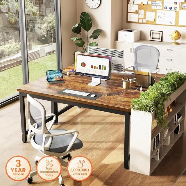 Alt view image 3 of 7 - Huuger 55 x 24 inch Desk with Power Outlets & USB-C, Deeper & Thicker Desktop, Robust Metal Tubes, Computer Desk, Heavy Duty Office Desk, Work Gaming Desk for Home Office, Rustic Brown