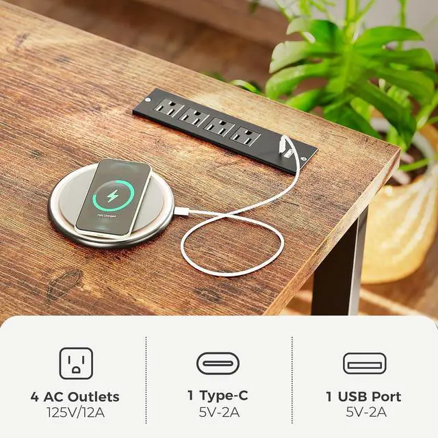 Alt view image 4 of 7 - Huuger 55 x 24 inch Desk with Power Outlets & USB-C, Deeper & Thicker Desktop, Robust Metal Tubes, Computer Desk, Heavy Duty Office Desk, Work Gaming Desk for Home Office, Rustic Brown