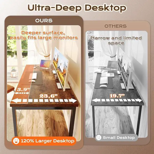 Alt view image 7 of 7 - Huuger 55 x 24 inch Desk with Power Outlets & USB-C, Deeper & Thicker Desktop, Robust Metal Tubes, Computer Desk, Heavy Duty Office Desk, Work Gaming Desk for Home Office, Rustic Brown