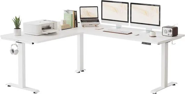 Main image of FEZIBO 75 Inches, Supports Over 300lbs, Large L Shaped Standing Desk, Electric Height Adjustable L Shaped Desk, Suitable for Home Office, White Frame/White Top