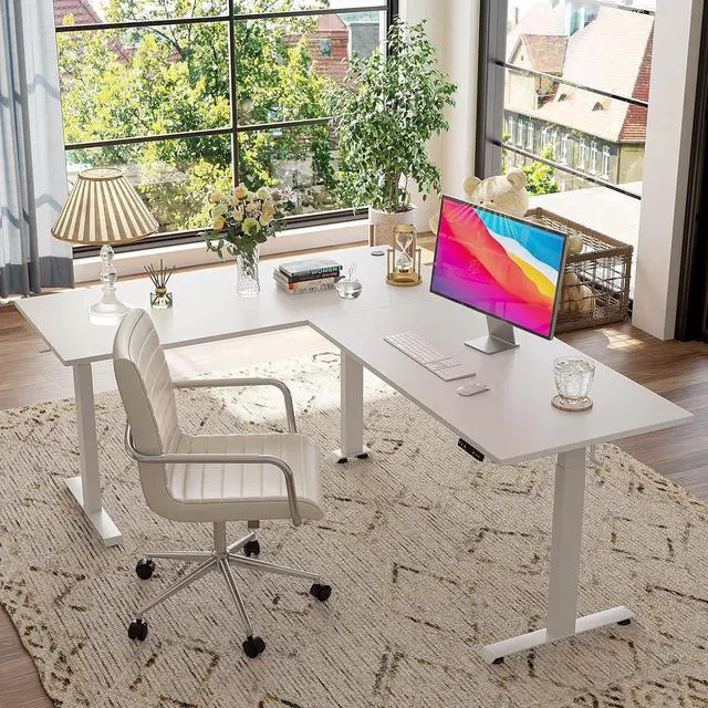 Alt view image 2 of 7 - FEZIBO 75 Inches, Supports Over 300lbs, Large L Shaped Standing Desk, Electric Height Adjustable L Shaped Desk, Suitable for Home Office, White Frame/White Top