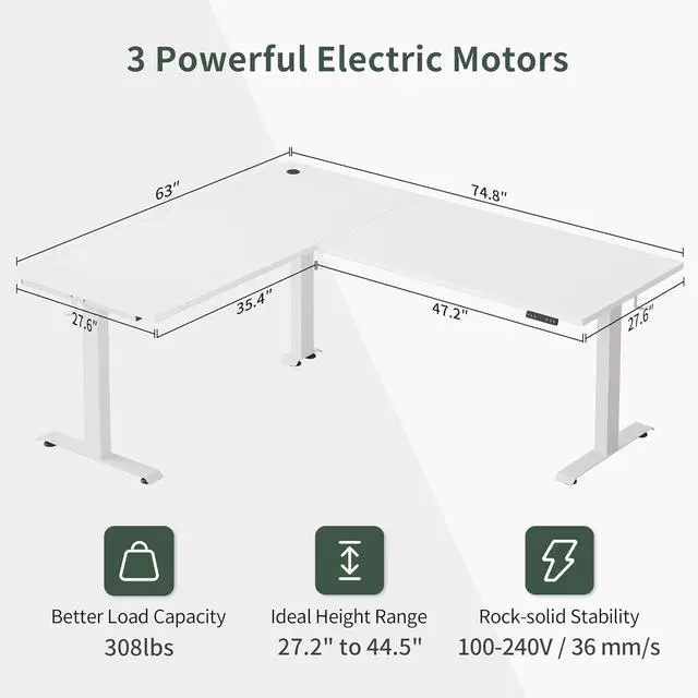 Alt view image 3 of 7 - FEZIBO 75 Inches, Supports Over 300lbs, Large L Shaped Standing Desk, Electric Height Adjustable L Shaped Desk, Suitable for Home Office, White Frame/White Top