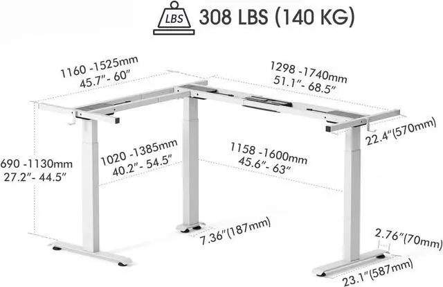 Alt view image 6 of 7 - FEZIBO 75 Inches, Supports Over 300lbs, Large L Shaped Standing Desk, Electric Height Adjustable L Shaped Desk, Suitable for Home Office, White Frame/White Top