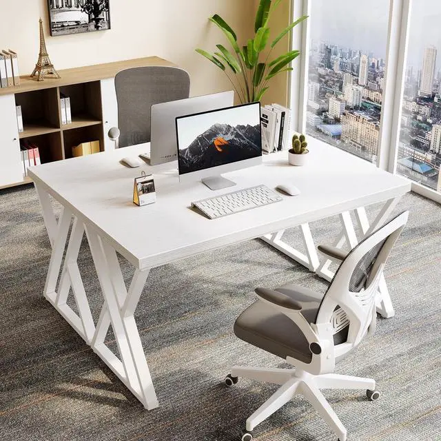 Alt view image 6 of 7 - LITTLE TREE 55 Inch Large Simple Industrial Computer Desk Study Writing Table Home Office Workstation,White