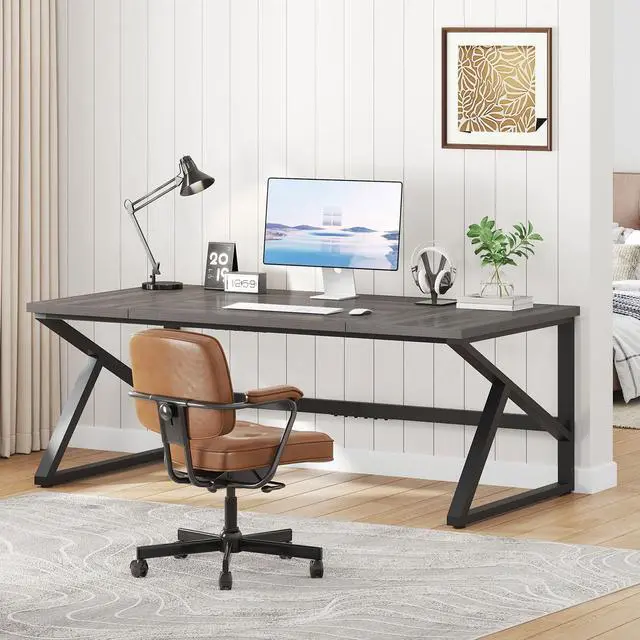 Alt view image 3 of 7 - IBF Long Desks for Home Office, Large Metal Wooden Computer Desk for 2 Monitors, 70 Inch Two Person Desk for Executive Work Writing Study Gaming, Industrial Modern Big Double Desk, Dark Gray Oak