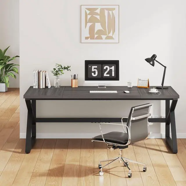 Alt view image 4 of 7 - IBF Long Desks for Home Office, Large Metal Wooden Computer Desk for 2 Monitors, 70 Inch Two Person Desk for Executive Work Writing Study Gaming, Industrial Modern Big Double Desk, Dark Gray Oak