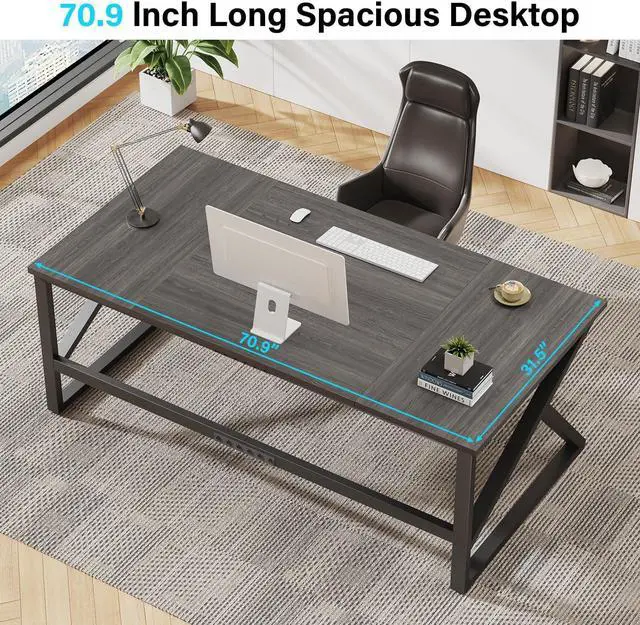 Alt view image 5 of 7 - IBF Long Desks for Home Office, Large Metal Wooden Computer Desk for 2 Monitors, 70 Inch Two Person Desk for Executive Work Writing Study Gaming, Industrial Modern Big Double Desk, Dark Gray Oak