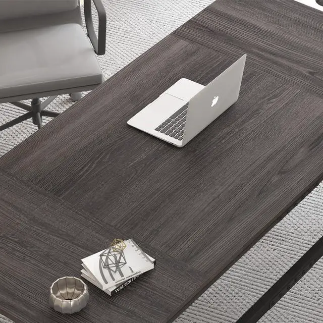 Alt view image 6 of 7 - IBF Long Desks for Home Office, Large Metal Wooden Computer Desk for 2 Monitors, 70 Inch Two Person Desk for Executive Work Writing Study Gaming, Industrial Modern Big Double Desk, Dark Gray Oak