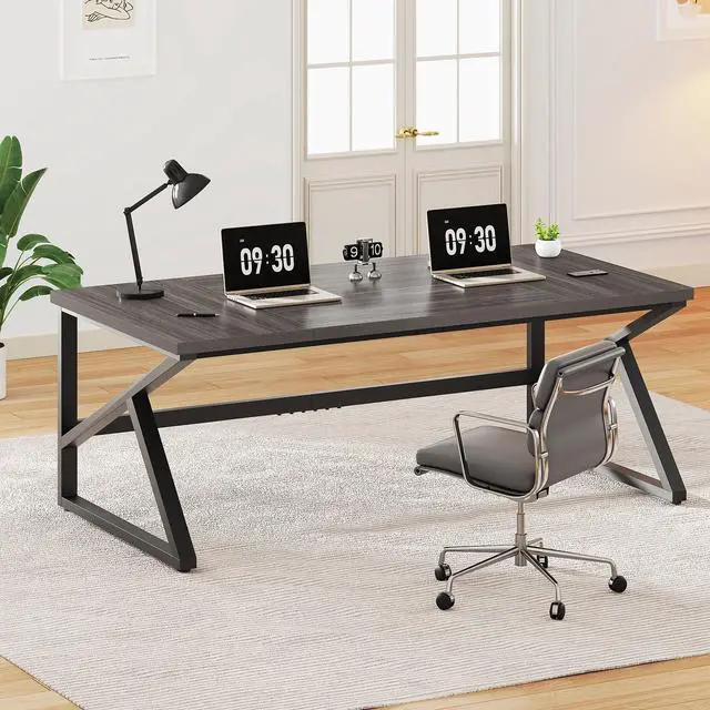 Main image of IBF Long Desks for Home Office, Large Metal Wooden Computer Desk for 2 Monitors, 70 Inch Two Person Desk for Executive Work Writing Study Gaming, Industrial Modern Big Double Desk, Dark Gray Oak