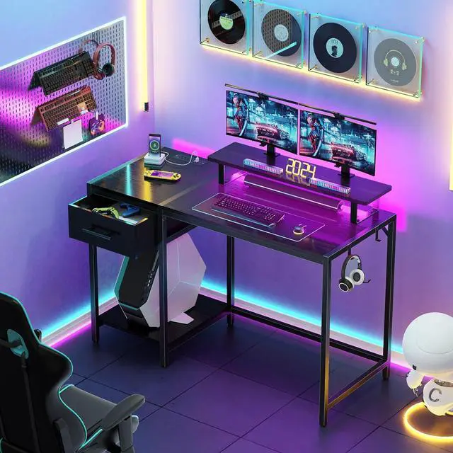Alt view image 2 of 7 - Lkeiyay Gaming Desk with LED Lights & Power Outlet, 47 inch Computer Desk with Drawers,Black Gamer Desk with Monitor Stand & Headphone Hook for Home Office