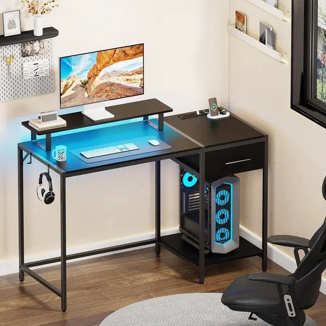 Alt view image 4 of 7 - Lkeiyay Gaming Desk with LED Lights & Power Outlet, 47 inch Computer Desk with Drawers,Black Gamer Desk with Monitor Stand & Headphone Hook for Home Office
