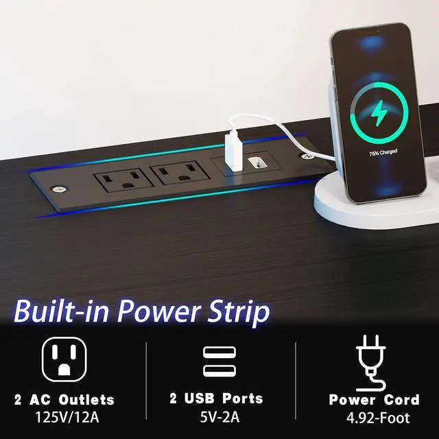 Alt view image 5 of 7 - Lkeiyay Gaming Desk with LED Lights & Power Outlet, 47 inch Computer Desk with Drawers,Black Gamer Desk with Monitor Stand & Headphone Hook for Home Office