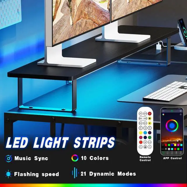 Alt view image 6 of 7 - Lkeiyay Gaming Desk with LED Lights & Power Outlet, 47 inch Computer Desk with Drawers,Black Gamer Desk with Monitor Stand & Headphone Hook for Home Office