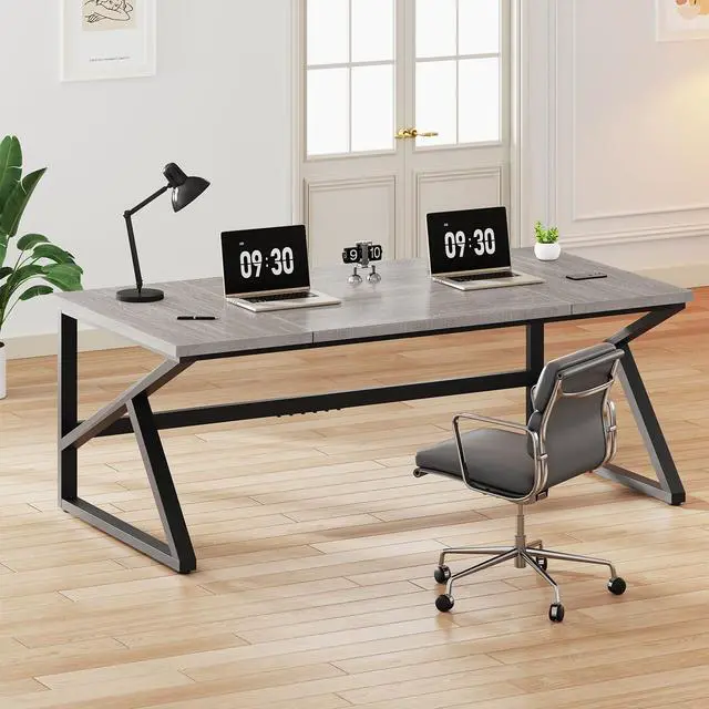 Main image of IBF 70 Inch Large Home Office Desk, Industrial Long Executive Work Writing Study Computer Table, Farmhouse Big Metal Wood Double Desk for Bedroom Living Room, Rustic Dual Monitor Desk, Light Grey