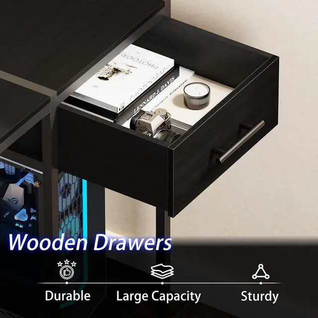 Alt view image 7 of 7 - Lkeiyay Gaming Desk with LED Lights & Power Outlet, 47 inch Computer Desk with Drawers,Black Gamer Desk with Monitor Stand & Headphone Hook for Home Office