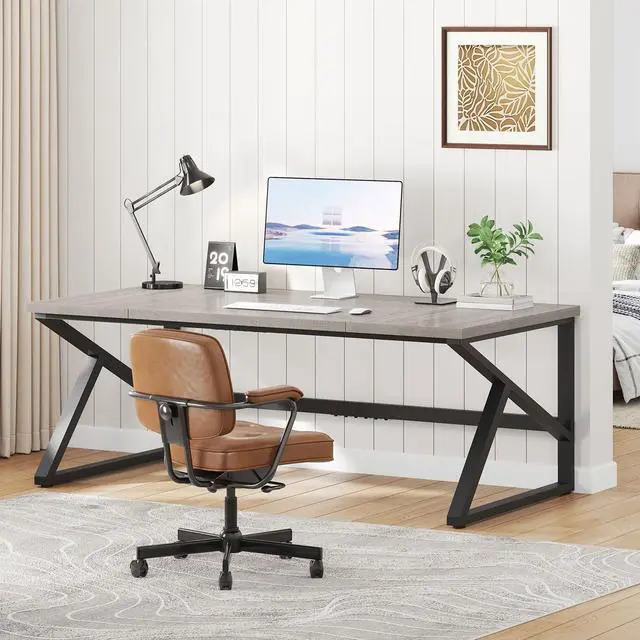 Alt view image 5 of 7 - IBF 70 Inch Large Home Office Desk, Industrial Long Executive Work Writing Study Computer Table, Farmhouse Big Metal Wood Double Desk for Bedroom Living Room, Rustic Dual Monitor Desk, Light Grey