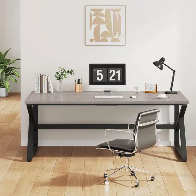 Alt view image 4 of 7 - IBF 70 Inch Large Home Office Desk, Industrial Long Executive Work Writing Study Computer Table, Farmhouse Big Metal Wood Double Desk for Bedroom Living Room, Rustic Dual Monitor Desk, Light Grey