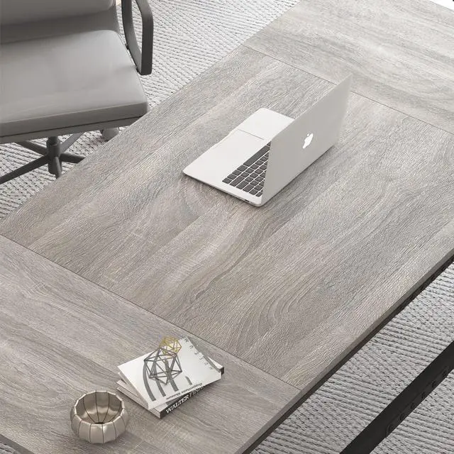 Alt view image 6 of 7 - IBF 70 Inch Large Home Office Desk, Industrial Long Executive Work Writing Study Computer Table, Farmhouse Big Metal Wood Double Desk for Bedroom Living Room, Rustic Dual Monitor Desk, Light Grey