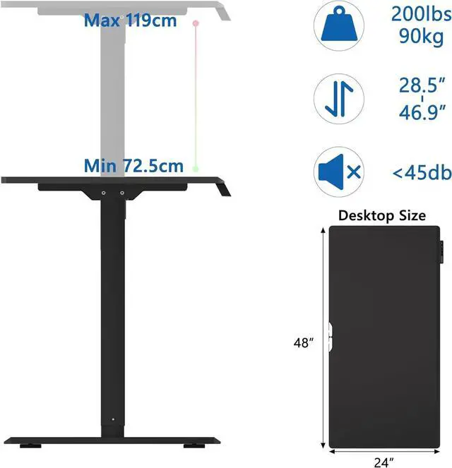 Alt view image 3 of 7 - Electric Height Adjustable Desk 48x24 inches (Black Frame +Black Top) Ultra Quiet (<55dB) Weight Capacity 132 lbs 2-Level Memory Height Adiustable Desk