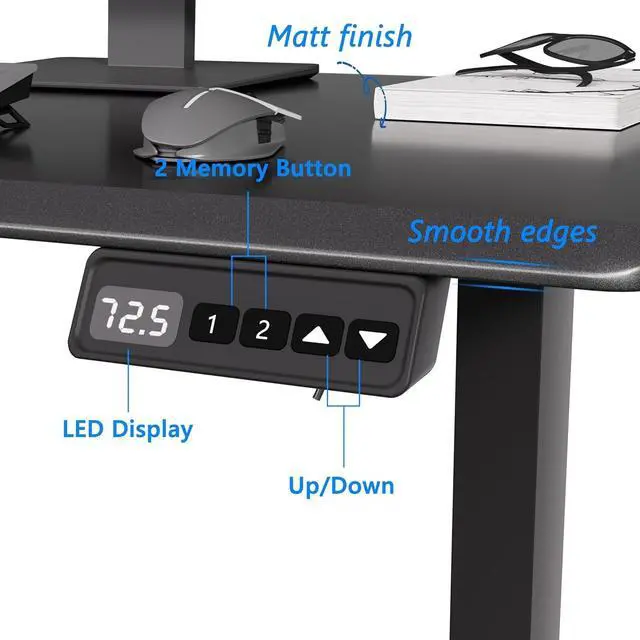 Alt view image 5 of 7 - Electric Height Adjustable Desk 48x24 inches (Black Frame +Black Top) Ultra Quiet (<55dB) Weight Capacity 132 lbs 2-Level Memory Height Adiustable Desk