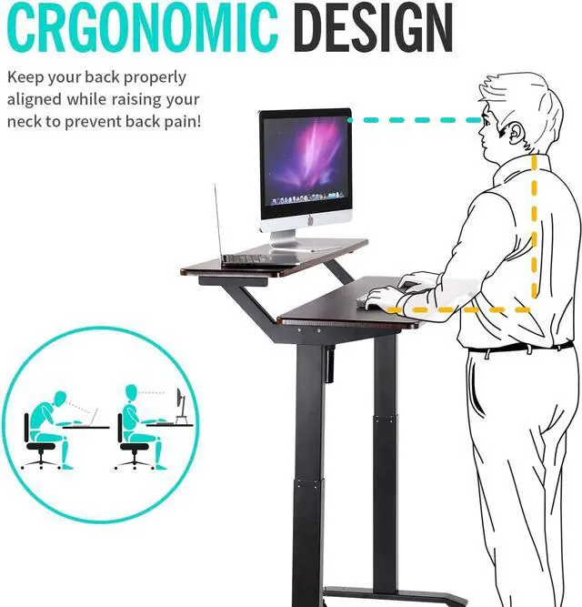 Alt view image 5 of 7 - UNICOO Electric Height Adjustable 2-Tier Raising Desk with Wheels, Mobile Standing Desk with Monitor Stand, Ergonomic Adjustable Computer Table, Electric Standing Game Table for Home Office