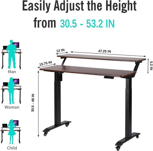 Alt view image 7 of 7 - UNICOO Electric Height Adjustable 2-Tier Raising Desk with Wheels, Mobile Standing Desk with Monitor Stand, Ergonomic Adjustable Computer Table, Electric Standing Game Table for Home Office