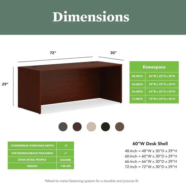 Alt view image 2 of 4 - HON MOD Executive Desk 72-Inch Large Computer Desk Shell, Thick Wooden Laminate, Modern Table with Cord Management, 72" W x 30" D x 29" H, Traditional Mahogany