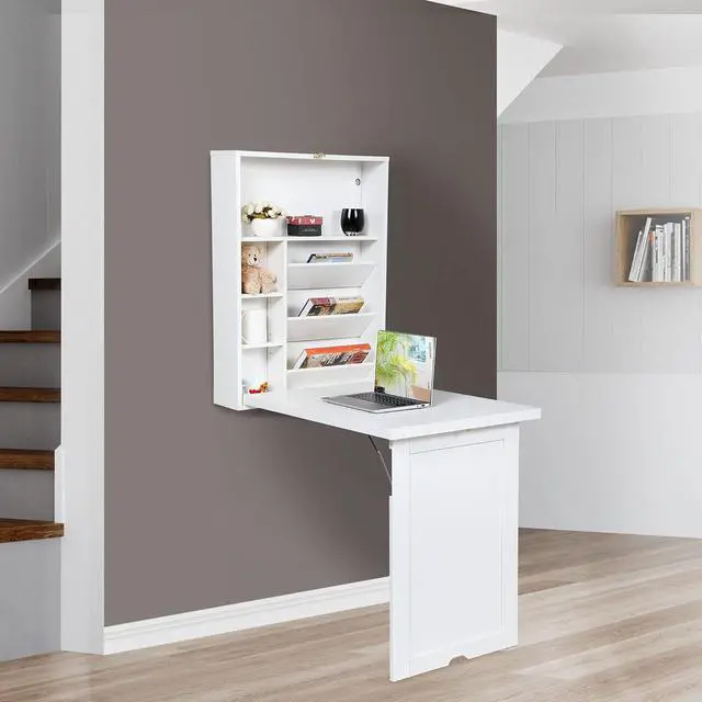 Main image of JAXPETY Wall Mounted Space Saving Desk Fold Out Convertible Wood Floating Writing Desk with Storage Shelves Laptop Tabletop for Home Office, White