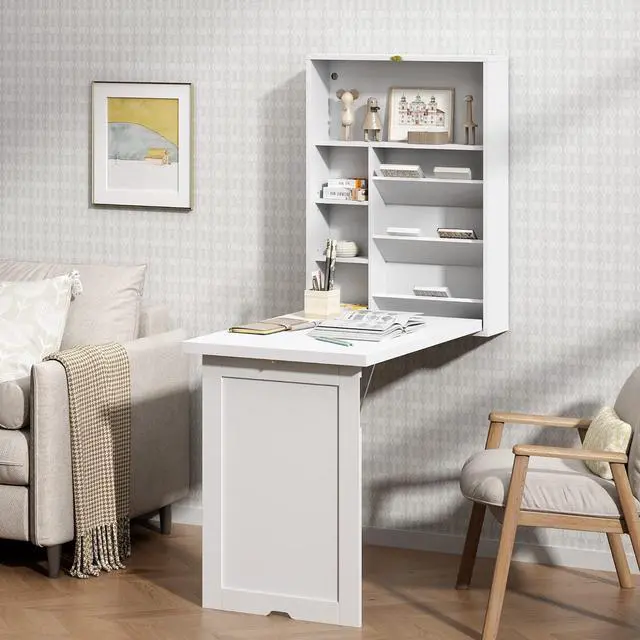 Alt view image 2 of 7 - JAXPETY Wall Mounted Space Saving Desk Fold Out Convertible Wood Floating Writing Desk with Storage Shelves Laptop Tabletop for Home Office, White