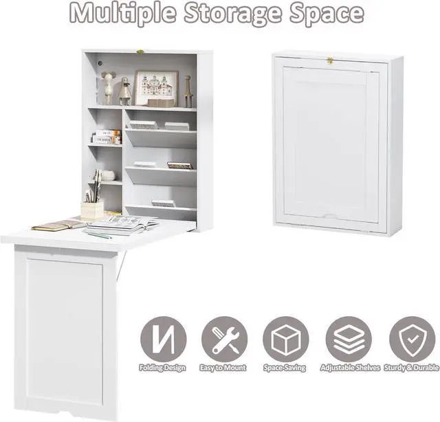 Alt view image 5 of 7 - JAXPETY Wall Mounted Space Saving Desk Fold Out Convertible Wood Floating Writing Desk with Storage Shelves Laptop Tabletop for Home Office, White