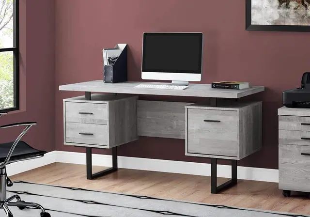 Alt view image 2 of 5 - Monarch Specialties Computer Desk with Drawers - Contemporary Style - Home & Office Computer Desk with Metal Legs - 60"L (Grey Reclaimed Wood Look)