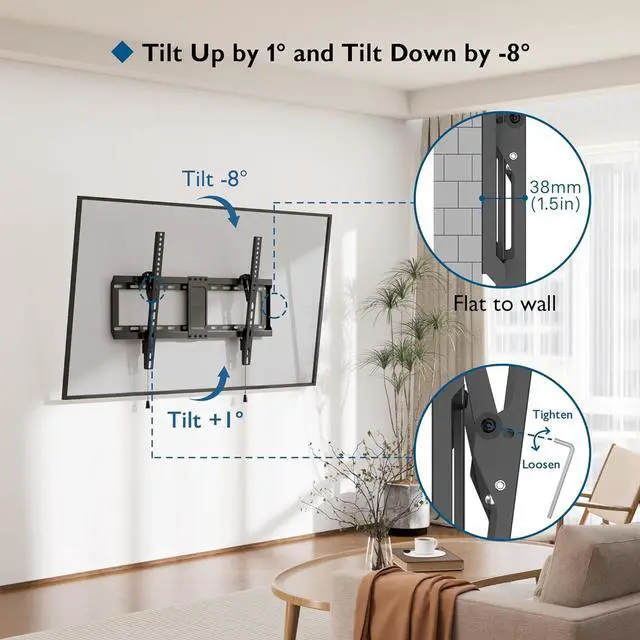 Alt view image 2 of 7 - BONTEC TV Wall Mount for 3785 Inch TVs, Tilting TV Mount Bracket for LED LCD OLED Flat Curved Screens, Low Profile 1.5in Design, Max VESA 600x400mm, Supports up to 132lbs, Fits 55 65 75 85 Inch