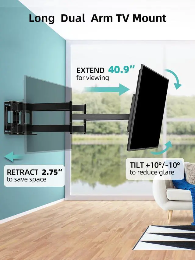 Alt view image 4 of 7 - Heavy Duty TV Wall Mount for 42-95" TVs, 4X Load Tested Holds 179lbs, 40.9" Smooth Gliding Extension Arms, Full Motion Swivel & Tilt, VESA 800x400, Fits 16-18" Studs