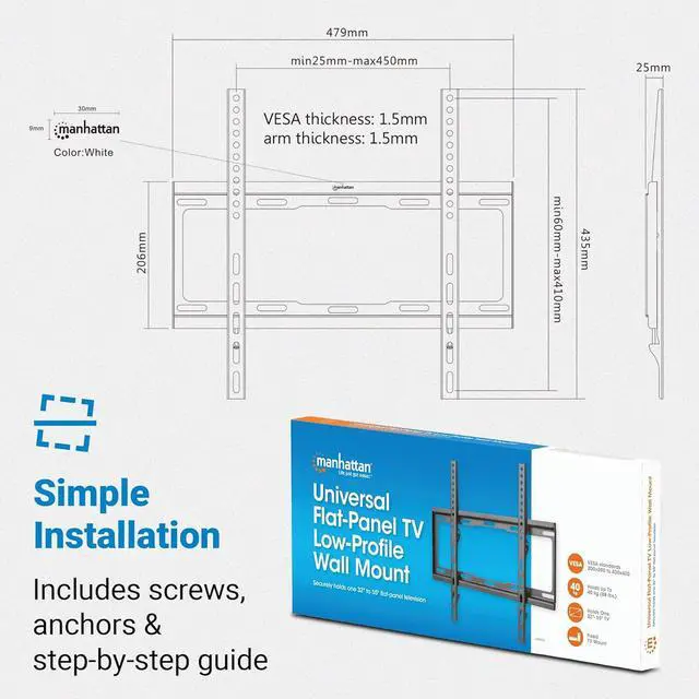 Alt view image 6 of 6 - Manhattan TV Wall Mount - Fits Most 32 to 55 Inch LED, LCD, OLED Flat & Curved TVs, Holds up to 88lbs, Max VESA 400x400mm, Low Profile  Lifetime Mfg Warranty - 460934