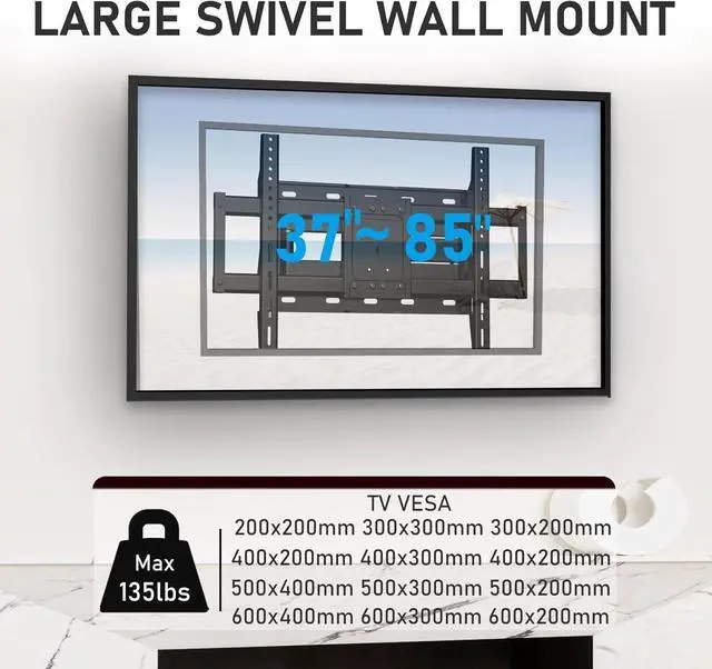 Alt view image 2 of 7 - Full Motion TV Wall Mount - 37-85'' Flat/Curved TVs, Swivel Articulating Arms, Max VESA 600x400mm, Tilt Rotation, Holds up to 135 lbs