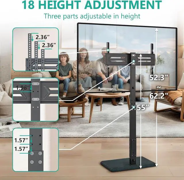 Alt view image 3 of 7 - WALI Floor TV Stand with Power Outlet, Tall TV Stand Mount for 32-75 inch TV up to 110 lbs, Swivel and Height Adjustable TV Stands with Wood Base for Bedroom, Office(TVDVD-7P), Black