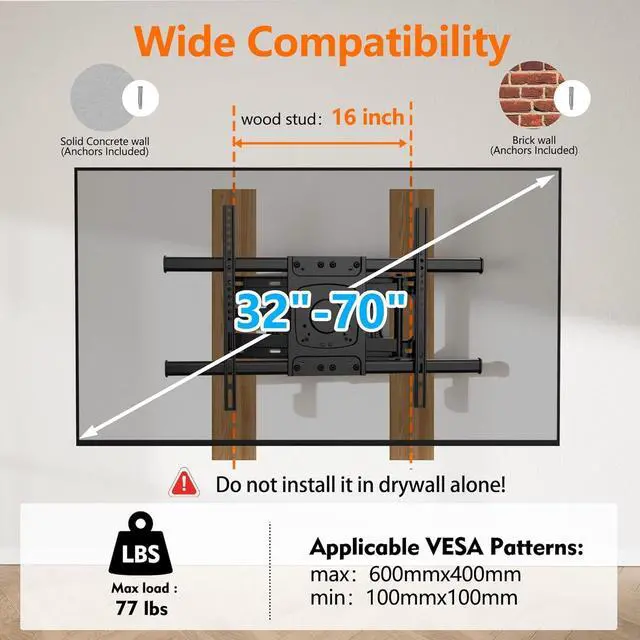 Alt view image 2 of 7 - Corner Long Arm TV Wall Mount with 25.6inch Extension,Full Motion TV Mount 90 Degree Swivel Tilt Heavy Duty for 32-75''Screens, Load 77lbs,Max VESA 600x400mm, Fit 16''Stud