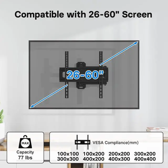 Alt view image 5 of 7 - BONTEC Full Motion TV Wall Mount for 26-60 Inch LED LCD OLED Flat & Curved TVs, Swivel & Tilt Adjustable with Max VESA 400x400mm, Corner Wall Mount Bracket Holds Up to 77lbs, Easy Installation