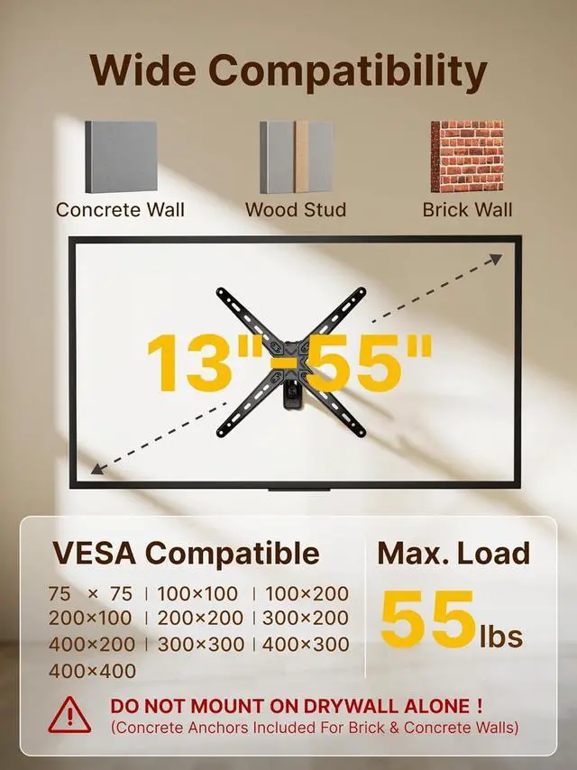 Alt view image 2 of 7 - monTEK Full Motion TV Wall Mount Bracket for Most 13-55 Inch LED LCD Flat Screen TVs & Monitors, Swivel Tilt Extension Rotation with Articulating Arms, TV Mount Max VESA 400x400mm, up to 55lbs