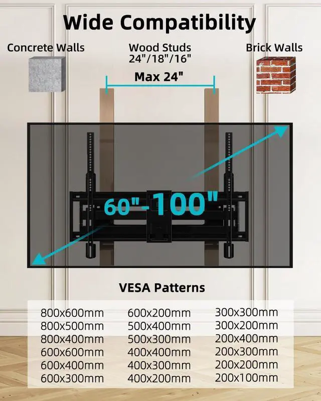 Alt view image 2 of 6 - Full Motion TV Wall Mount for 60-100 Inch TVs, 30.3 Inch Long Arm, VESA 800x600 Compatible, Swivel and Tilt, Fits 16-24 Inch Studs, 165 lbs Heavy-Duty Bracket