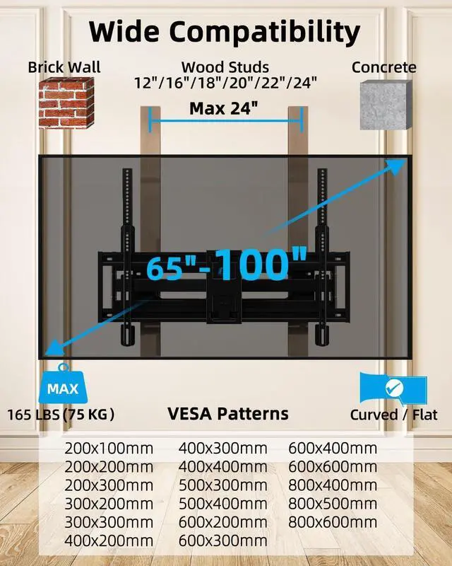 Alt view image 2 of 7 - HOME VISION Full Motion Long Arm TV Wall Mount Bracket, Fits 75, 80, 85, 86, 98, 100 inch Flat or Curved TVs Up to 800x600 VESA & 165LBS, TV Mount with Full Motion, Swivel, Tilt, Extension, Heavy Duty