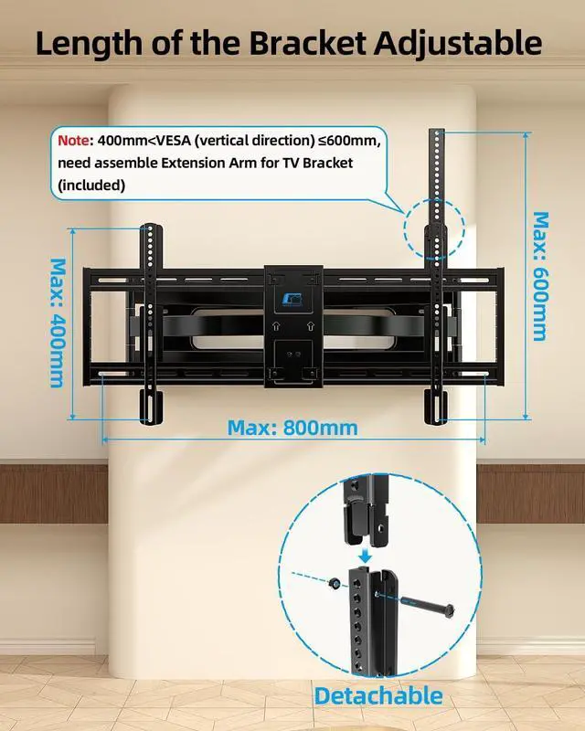 Alt view image 3 of 7 - HOME VISION Full Motion Long Arm TV Wall Mount Bracket, Fits 75, 80, 85, 86, 98, 100 inch Flat or Curved TVs Up to 800x600 VESA & 165LBS, TV Mount with Full Motion, Swivel, Tilt, Extension, Heavy Duty