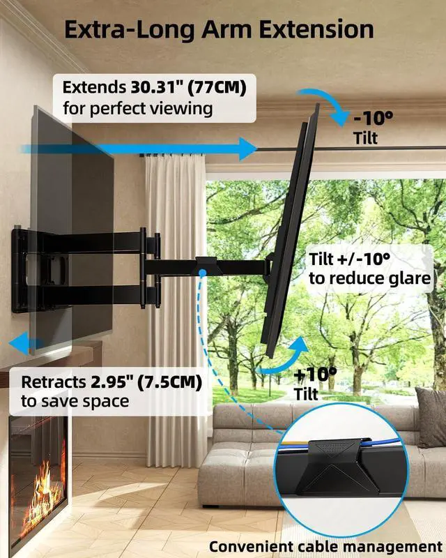 Alt view image 4 of 7 - HOME VISION Full Motion Long Arm TV Wall Mount Bracket, Fits 75, 80, 85, 86, 98, 100 inch Flat or Curved TVs Up to 800x600 VESA & 165LBS, TV Mount with Full Motion, Swivel, Tilt, Extension, Heavy Duty