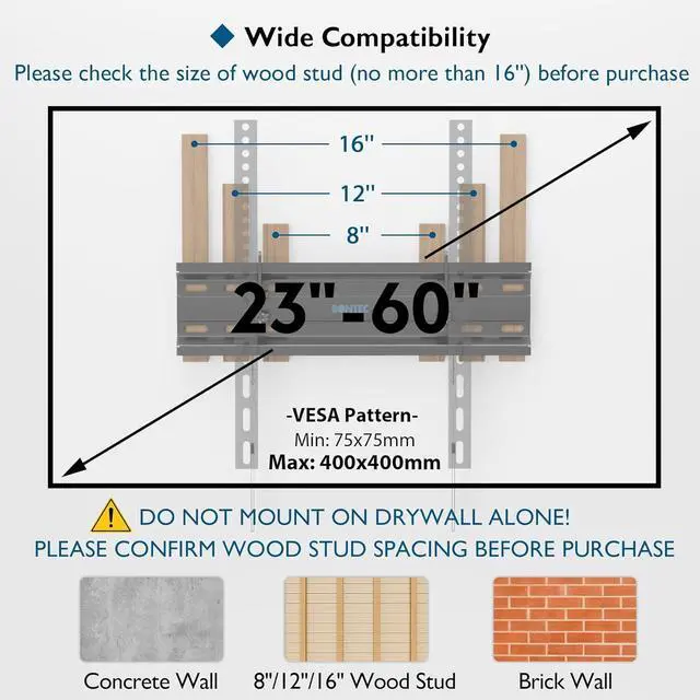 Alt view image 2 of 7 - BONTEC TV Wall Mount Tilting for 23-60 inch TVs, Low Profile Design, Max VESA 400x400mm, Holds up to 115lbs, TV Mount for LCD LED OLED Flat Screens, Fixed Ultra Slim Bracket Fits 16" Studs