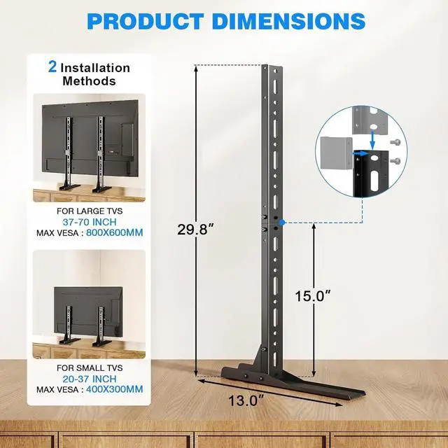 Alt view image 5 of 7 - Rfiver Universal TV Stand for 20-70 inch Flat Curved TVs, Height Adjustable Table Top TV Stand, TV Feet with Cable Management,Steel Replacement TV Legs Holds up to 110 lbs, Max VESA 800x600mm, Black