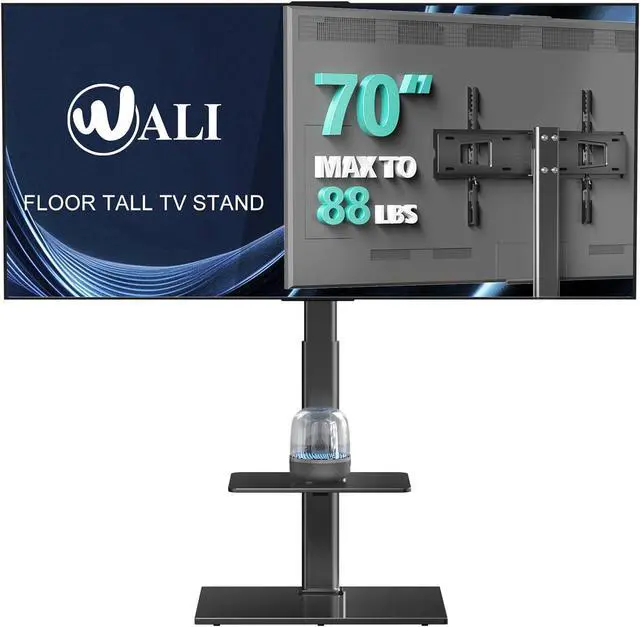 Main image of WALI TV Floor Stand for 32-70inch TVs up to 88lbs, Universal Floor TV Stand Mount, Swivel and Height Adjustable Tall TV Stand with Tempered Glass Base and Shelf for Living Room,Bedroom,Office(TVDVD-6)