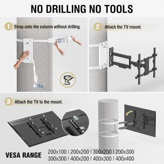 Alt view image 5 of 7 - CondoMounts CLMTVA1044 Full Motion Large Pillar TV Mount | Column | Round & Square TV Post Mount | NO Drill | Holds 80lbs | Fits 32-in. to 70-in. TVs | Fits Pillars 8-in & Wider | White Strap