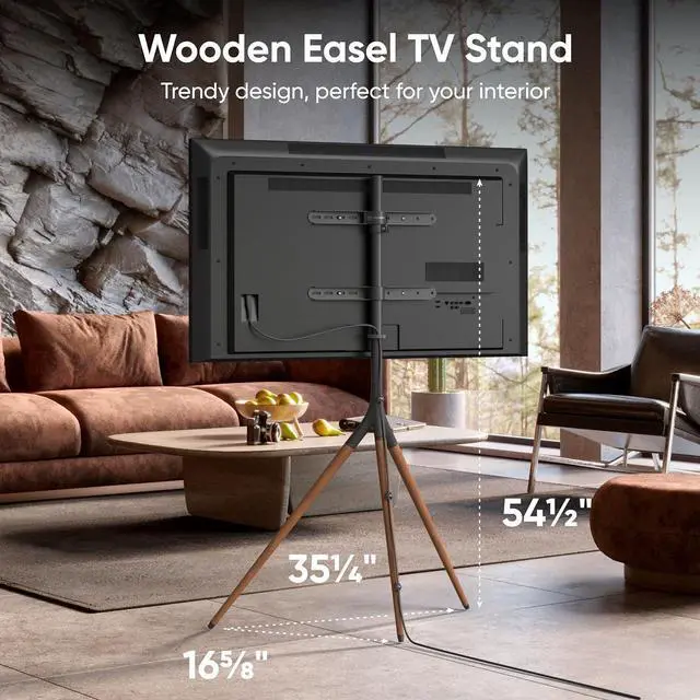 Alt view image 2 of 7 - ONKRON Tripod TV Stand for 32-65 Inch Screen up to 77 lbs, Height Adjustable TV Easel Stand with Swivel, TV Floor Mount max VESA 400x400, Modern Corner Floor TV Stand with Beech Wood Legs Black